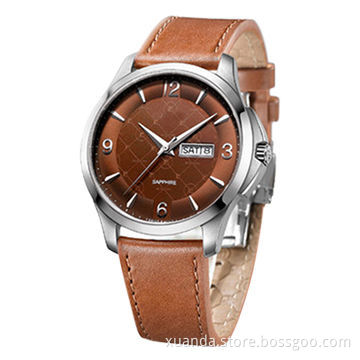Stainless steel case watch, with calendar, Japan movement, genuine leather strap vogue style